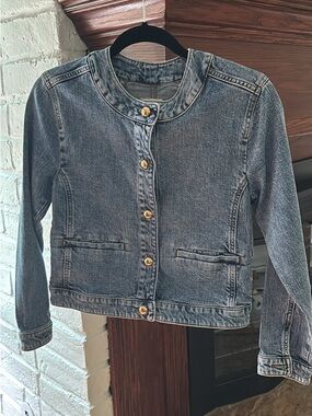 Crew Cut Round-Neck Light Wash Denim Jacket with Gold Buttons